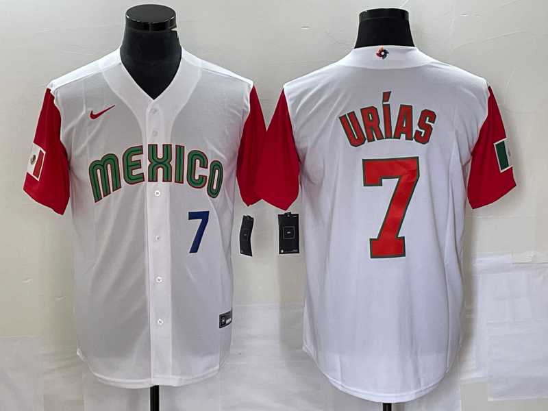 Men%27s Mexico Baseball #7 Julio Urias Number 2023 White Red World Classic Stitched Jersey 17